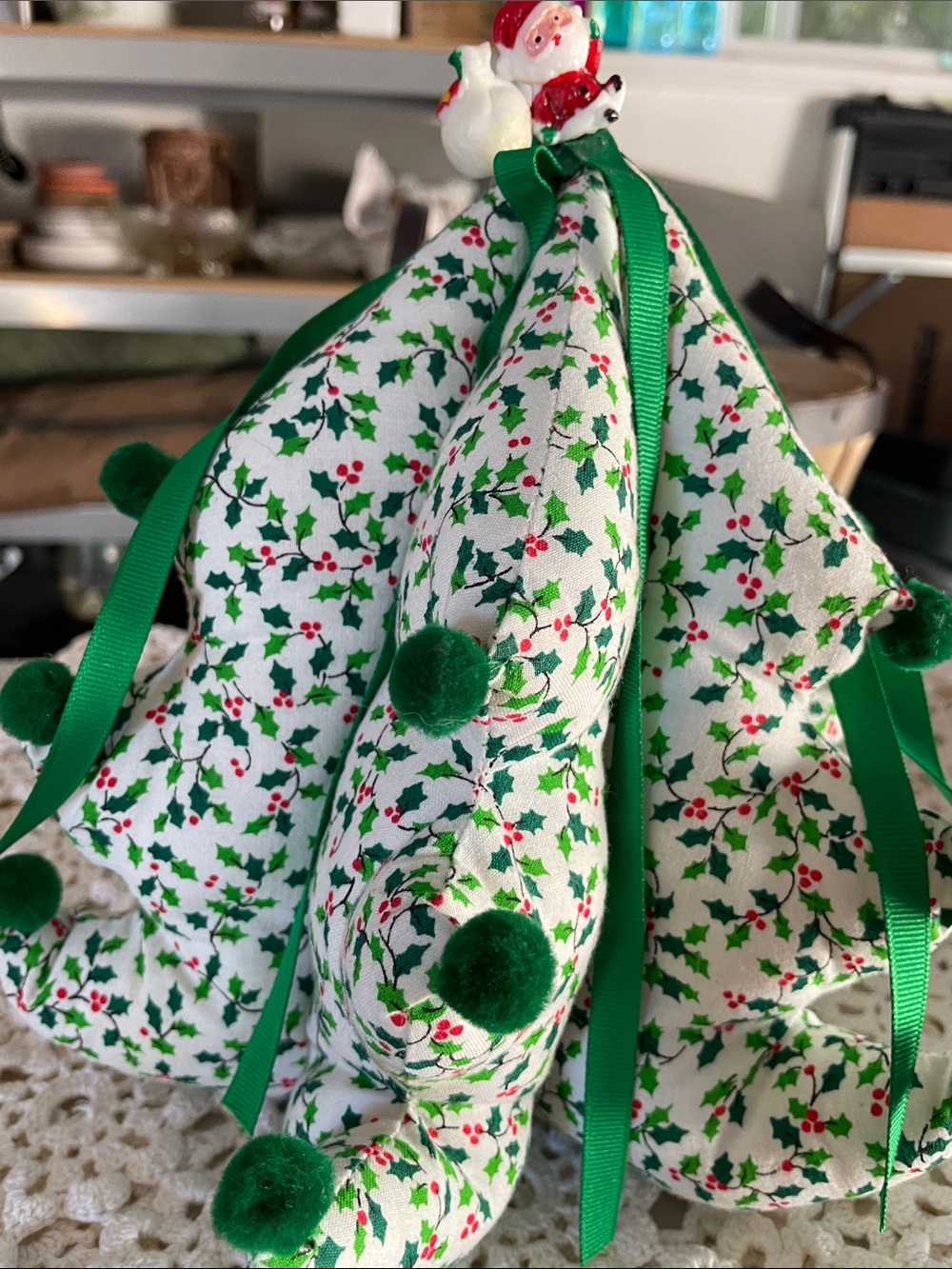 Vintage Handmade Festive Green Holly Fabric Christmas Tree Decor